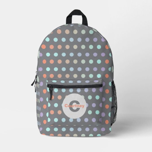 Modernes Pastel farbiges Polka Dot Muster auf Grau Bedruckter Rucksack (Vorderseite)