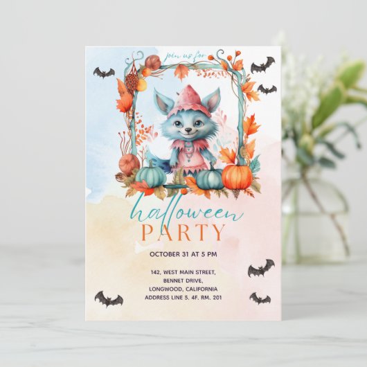 Modernes Pastel Pumpkin Patch Fox Halloween-Party Einladung (Stehend Vorderseite)