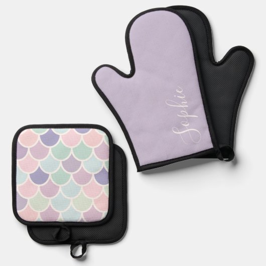 Modernes Pastell Lovely Meerjungtier Muster Ofenhandschuh & Topflappen-Set (Vorderseite/Rückseite)