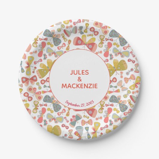 Modernes, pastellfarbenes, grafisches Schmetterlin Pappteller (Vorderseite)