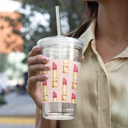 Modernes, pastellfarbenes rosa und rotes Lipstick- Acryltrinkbecher