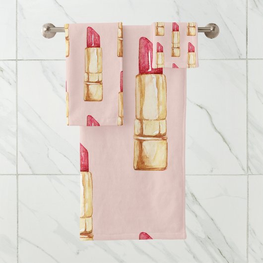 Modernes, pastellfarbenes rosa und rotes Lipstick- Badhandtuch Set