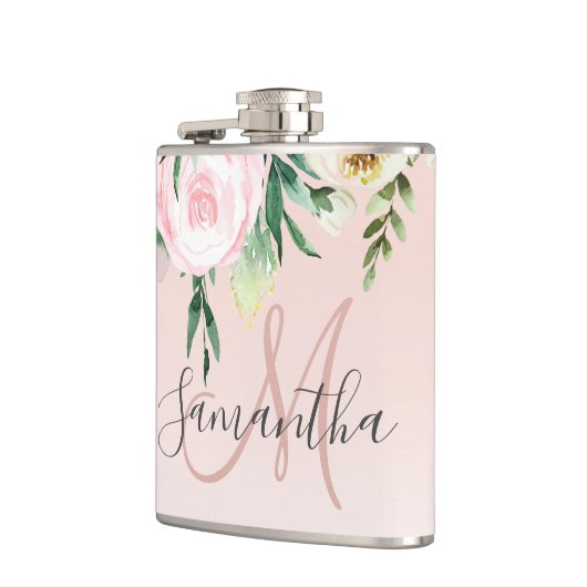 Modernes Pastellrosa und Blume mit Namen Flachmann (Links)