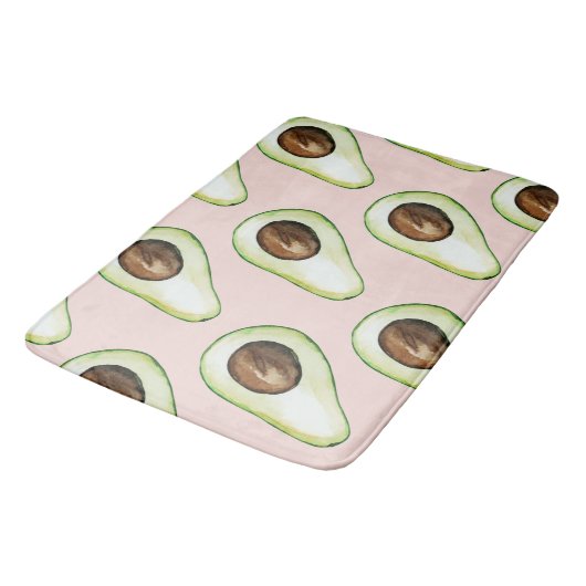 Modernes pastellrosa und grünes Avocado-Muster Badematte (Schrägansicht)