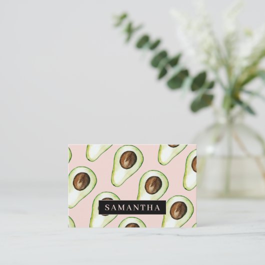 Modernes pastellrosa und grünes Avocado-Muster im Visitenkarte (Stehend Vorderseite)