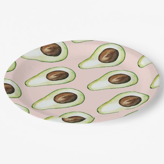 Modernes pastellrosa und grünes Avocado-Muster Pappteller (Schrägansicht)