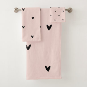 Modernes, pastellrosa und schwarzes Herzmuster Badhandtuch Set