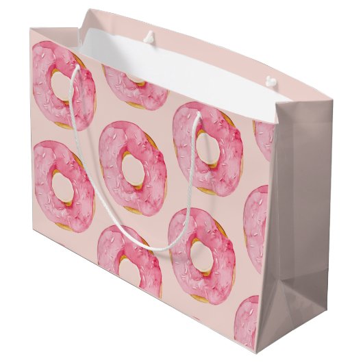 Modernes, pastellrosa Wasserfarben-Donuts-Muster Große Geschenktüte (Rückseite Schrägansicht)