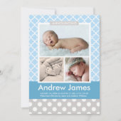 Modernes Pattern Baby Boy Foto Blue Gray Birth Ankündigung (Vorderseite)