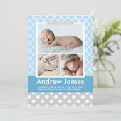 Modernes Pattern Baby Boy Foto Blue Gray Birth Ankündigung (Stehend Vorderseite)
