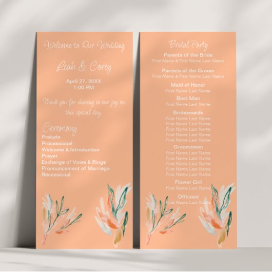 Modernes Peach Floral Hochzeitsprogramm Programm
