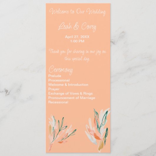Modernes Peach Floral Hochzeitsprogramm Programm (Vorderseite)