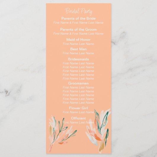 Modernes Peach Floral Hochzeitsprogramm Programm (Rückseite)
