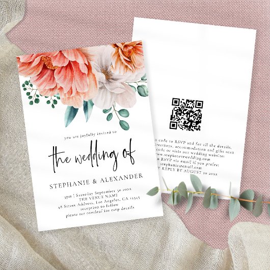 Modernes Peach Florals Script QR Code Hochzeit Einladung