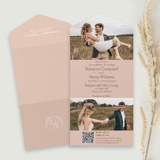 Modernes Peach Foto | Monogramm | QR-Code All In One Einladung
