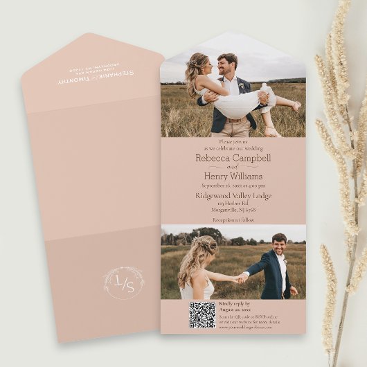 Modernes Peach Foto | Monogramm | QR-Code All In One Einladung