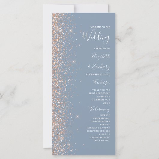 Modernes Peach Glitzer Dusty Blue Wedding Program (Vorderseite)