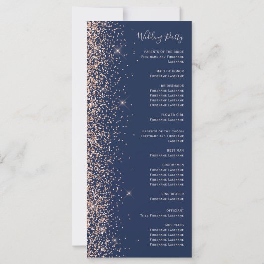 Modernes Peach Glitzer Navy Blue Hochzeitsprogramm (Rückseite)