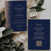 Modernes Peach Glitzer Navy Blue QR Code Hochzeit Einladung