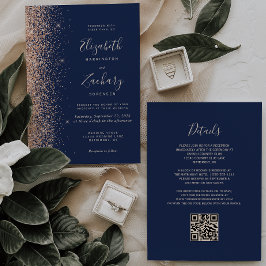 Modernes Peach Glitzer Navy Blue QR Code Hochzeit Einladung