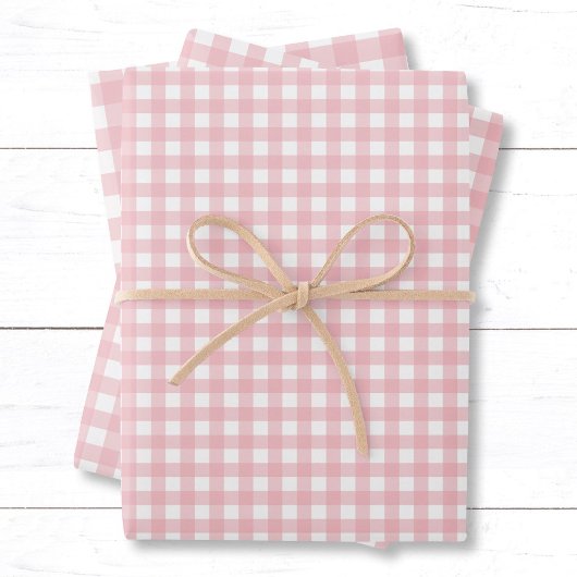 Modernes Peach Pink Gingham Karo Muster Geschenkpapier Set