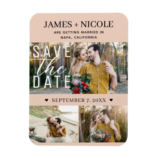 Modernes Peach Save the Date Hochzeit 3 Fotos Magnet (Vertikal)