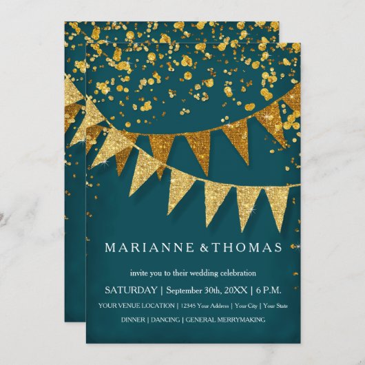 Modernes Pennant-Banner mit Glitzer Falling Confet Einladung (Vorne/Hinten)