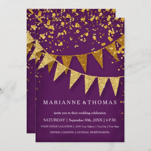 Modernes Pennant-Banner mit Glitzer Falling Confet Einladung (Vorne/Hinten)