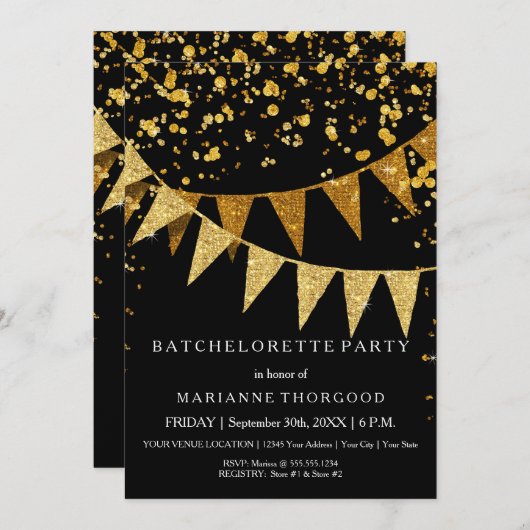 Modernes Pennant-Banner mit Glitzer Falling Confet Einladung (Vorne/Hinten)