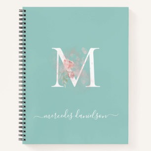 Modernes Peppermint Grün Pink Blüten Mit Monogramm Notizblock