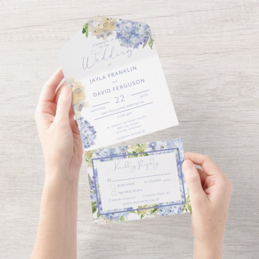 Modernes Periwinkle & White Hydrangeas Abendessen All In One Einladung (Abreißen)
