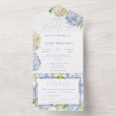 Modernes Periwinkle & White Hydrangeas Abendessen All In One Einladung (Innen Boden)