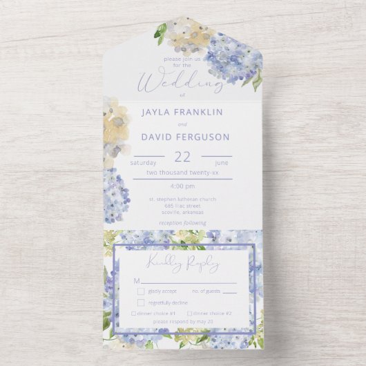 Modernes Periwinkle & White Hydrangeas Abendessen All In One Einladung (Innen Boden)