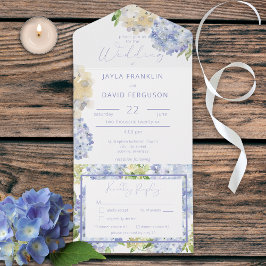 Modernes Periwinkle & White Hydrangeas Abendessen All In One Einladung
