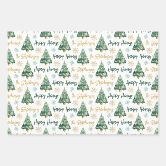 Modernes Personalisiert Happy Holidays Tree Script Geschenkpapier Set (Vorderseite)