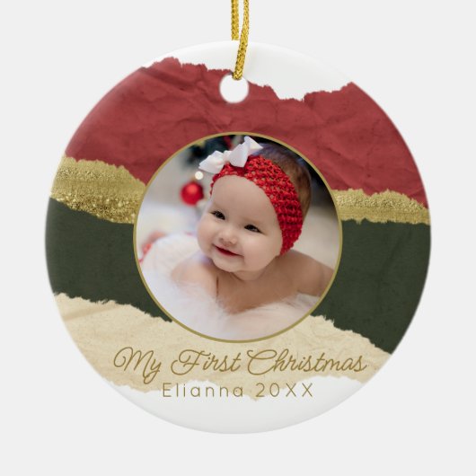 Modernes Personalisiertes Baby's First Christmas F Keramik Ornament (Vorne)