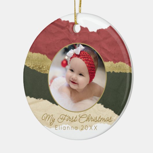 Modernes Personalisiertes Baby's First Christmas F Keramik Ornament (Links)