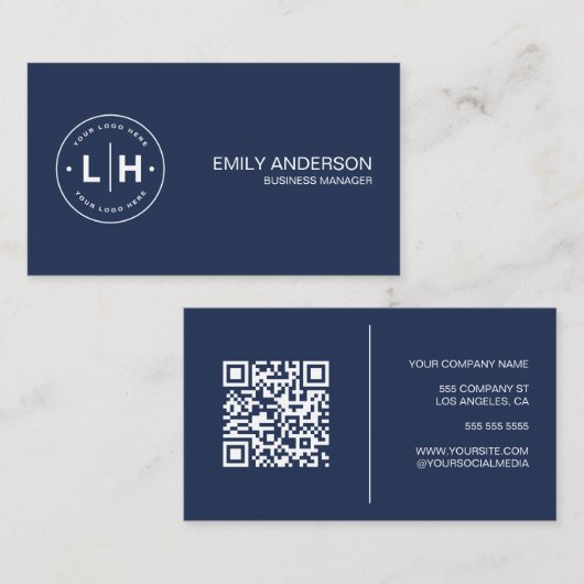 Modernes Personalisiertes Logo QR Navy Blue Visitenkarte (Vorne/Hinten)