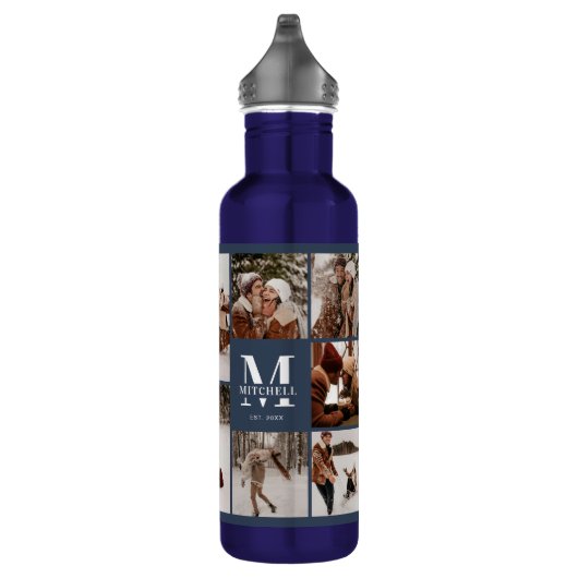 Modernes Personalisiertes Monogramm & Fotolack Bla Edelstahlflasche (Rechts)
