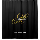 Modernes Personalisiertes Schwarz/Gold Monogramm-S Duschvorhang (Vorderseite)