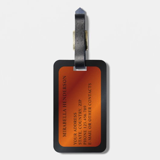 Modernes Personalisiertes Schwarz und Orange Gepäckanhänger (Rückseite vertikal)