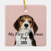 Modernes Pet Script Name First Christmas 2 Foto Keramikornament (Vorderseite)
