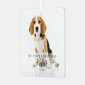 Modernes Pet Script Name First Christmas 2 Foto Ornament Aus Metall (Vorderseite links)