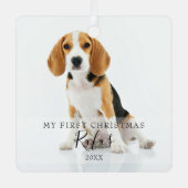 Modernes Pet Script Name First Christmas 2 Foto Ornament Aus Metall (Vorderseite)