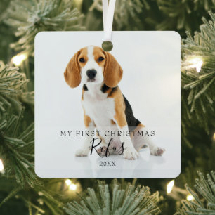Modernes Pet Script Name First Christmas 2 Foto Ornament Aus Metall