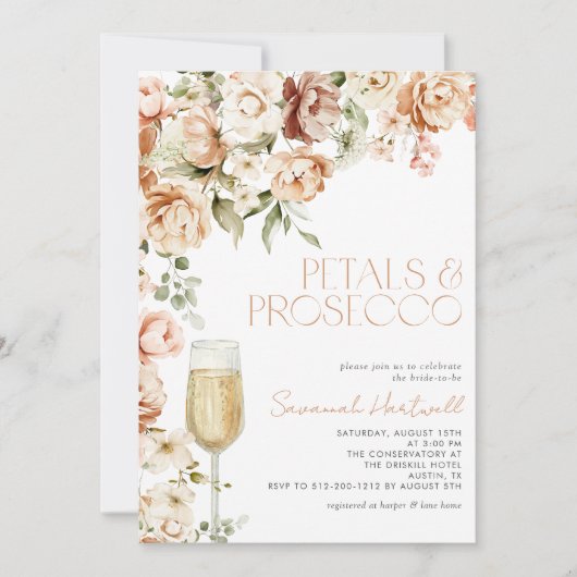 Modernes Petals & Prosecco Brautparty Einladung (Vorderseite)