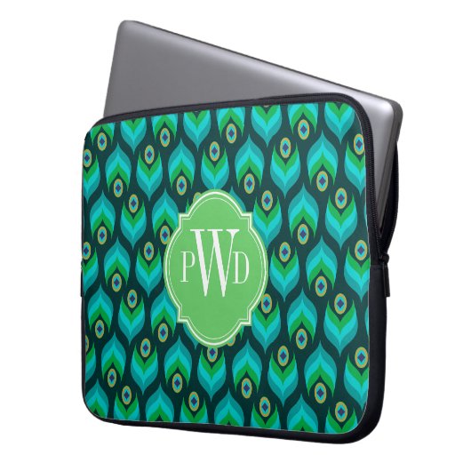 Modernes Pfau-Feder-Muster-Monogramm Laptopschutzhülle (Vorderseite Links)