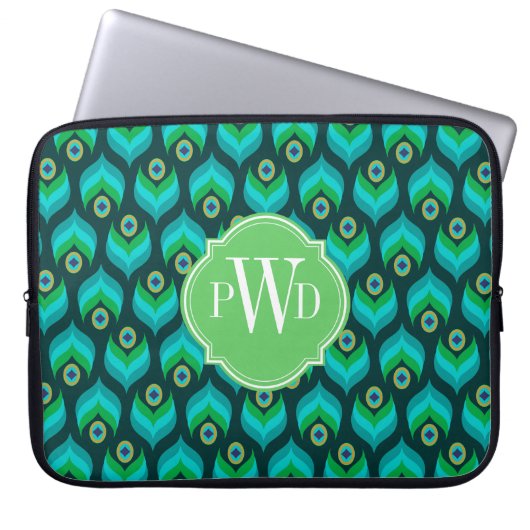 Modernes Pfau-Feder-Muster-Monogramm Laptopschutzhülle (Vorderseite)