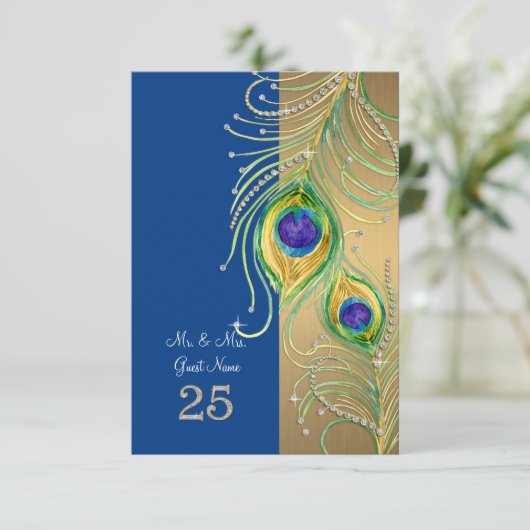 Modernes Pfauenfederhaus Personalisierte Platzkart Einladung (Stehend Vorderseite)