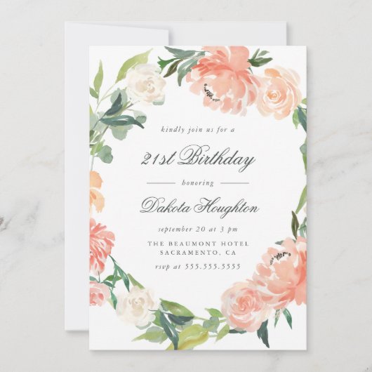 Modernes Pfirsich & Creme Wasserfarbe Blumengeburt Einladung (Vorderseite)